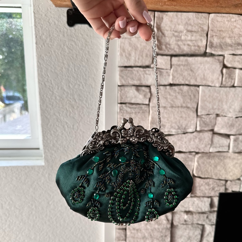 Menbur Emerald Embossed Mini Satin Handbag NWT